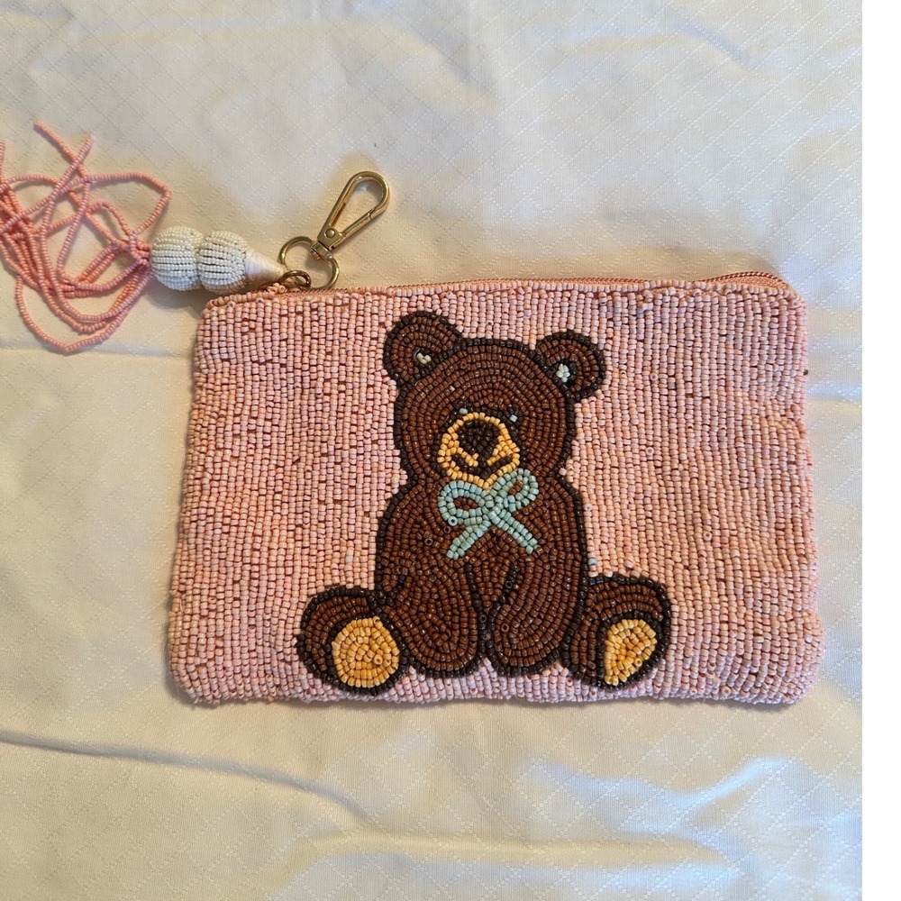 Pink Beaded Teddy Bear Coin Purse Zipper Pouch with Tassel Keychain